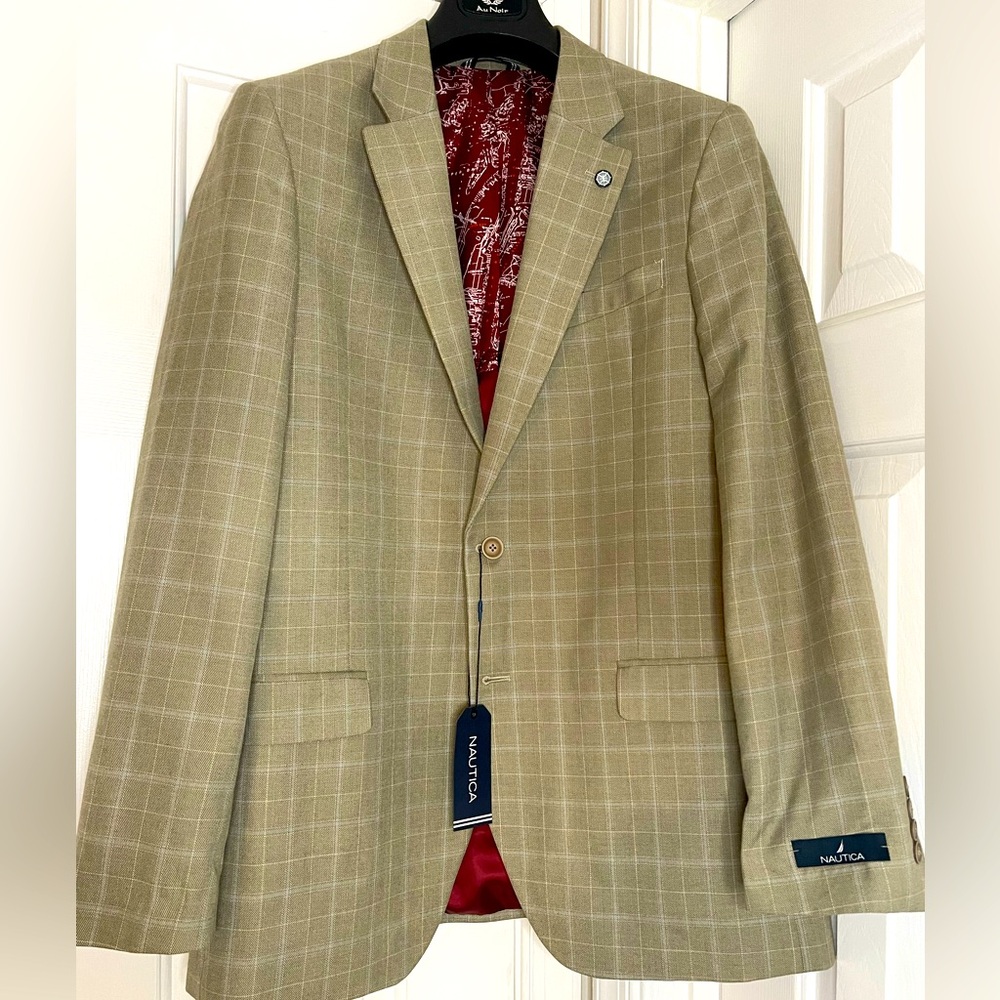 Nautica Branford 42L Plaid Tan and Blue Windowpane Sport Coat Blazer NWT